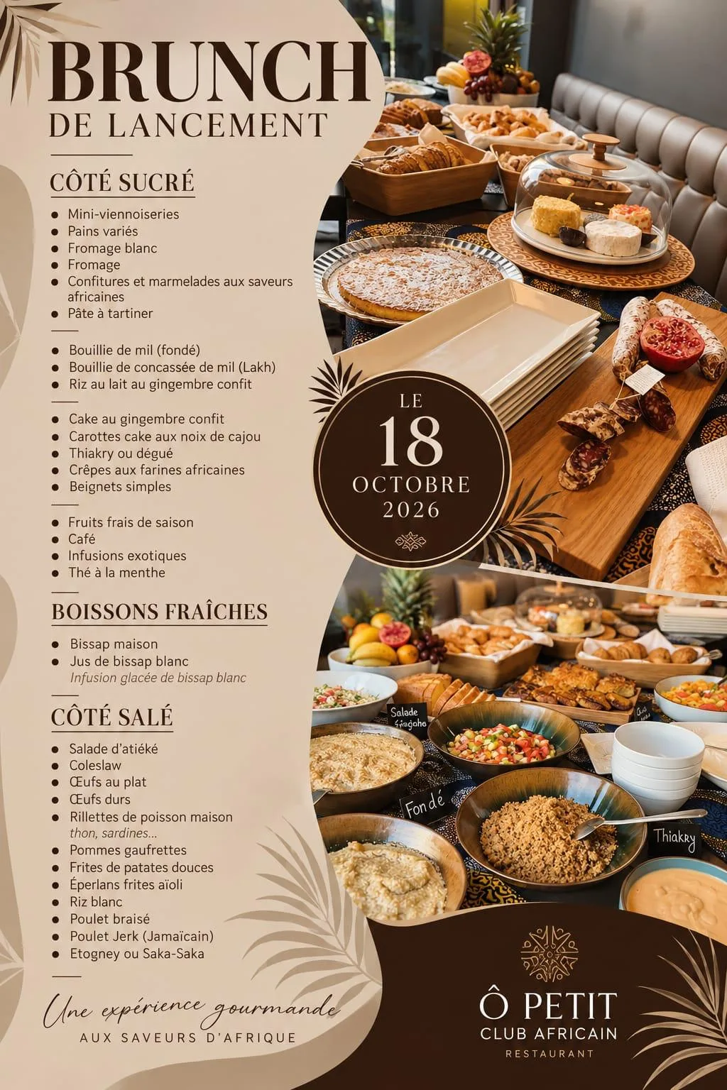 Affiche du brunch du Ô Petit Club Africain : côté sucré, boissons fraîches et côté salé