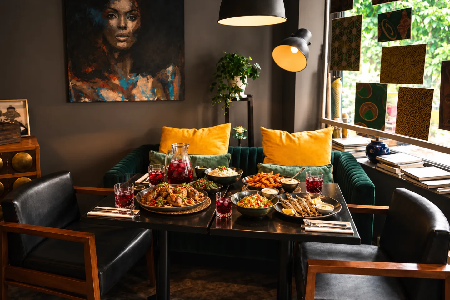 Plats salés et bissap du brunch dans la salle du restaurant