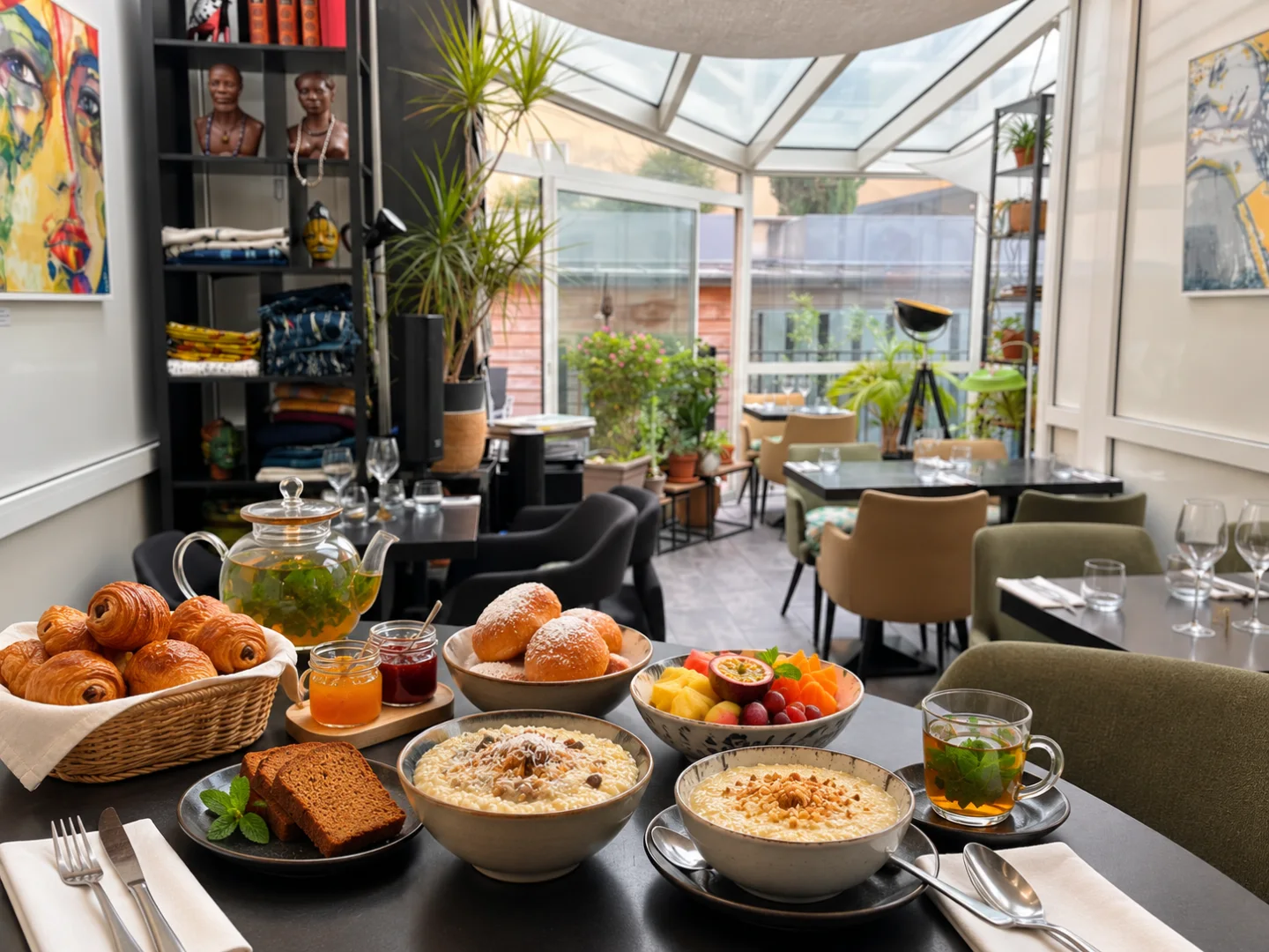 Sélection sucrée du brunch servie dans la verrière du restaurant