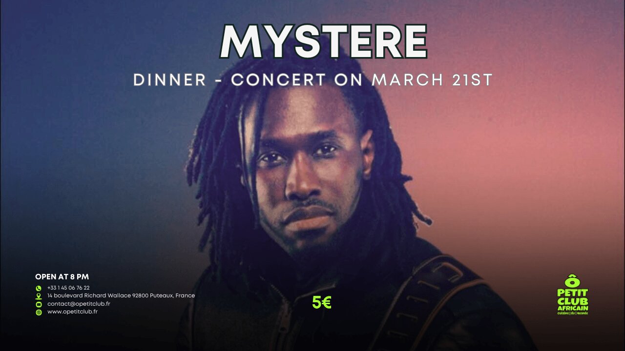 Flyer announcing Mystere's Live concert at O petit Club Africain this saturday 21st of March 2026