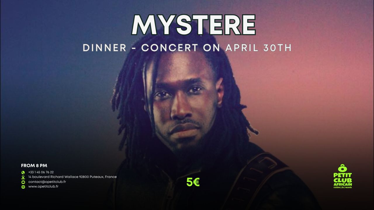 Flyer announcing Mystere's Live concert at O petit Club Africain this saturday 30th of April 2026