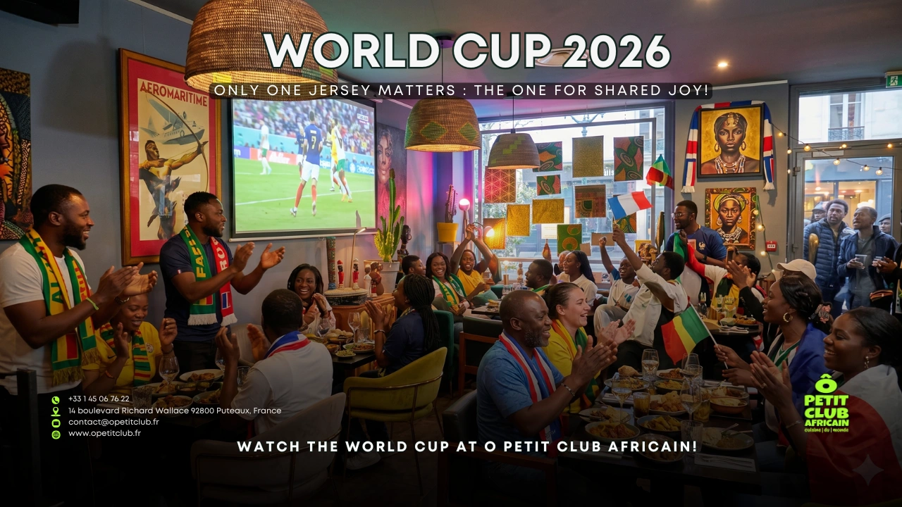 A poster announcing that World Cup matches can be watched at the O Petit Club Africain restaurant.